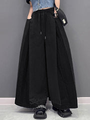Contrast Color Drawstring Fringed Pockets Loose Wide Leg Jean Pants Bottoms