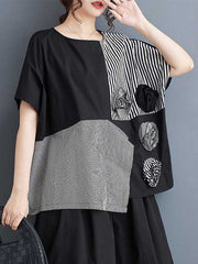 Asymmetric Split-Front Split-Joint Striped Three-Dimensional Flower Loose Short Sleeves Round-Neck T-Shirts Tops