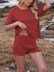 Loose Solid Color Split-Joint Round-Neck Shirt + High Waisted Shorts Two Pieces Set