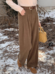 High-Waisted Pleated Solid Color Split-Joint Loose Wide Leg Trousers Pants