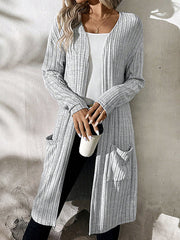 Pockets Solid Color Split-Joint Long Sleeves Loose Collarless Cardigan Tops