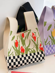Checkerboard Floral Printed Woven Handbag Bags Accessories