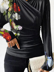 Flower Print Pleated Split-Joint Long Sleeves Skinny V-neck T-Shirts Tops