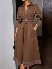 Buttoned Elasticity Pockets Solid Color Long Sleeves Loose Lapel Maxi Dresses