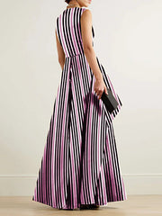 Split-Joint Striped High Waisted Loose Round-Neck Jumpsuits