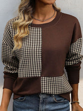 Contrast Color Houndstooth Split-Joint Long Sleeves Loose Round-Neck Sweatshirt Tops