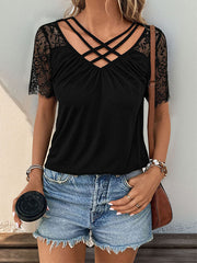 Solid Color Split-Joint Loose Short Sleeves V-Neck T-Shirts Tops