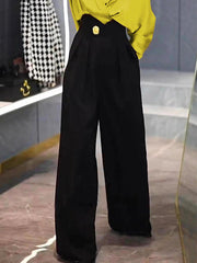 Buttoned Pleated High Waisted Wide Leg Trousers Pants