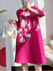 Floral Printed Flared Sleeves Loose Round-neck Midi Dresses