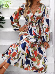 Elasticity Printed Split-Joint A-Line Long Sleeves Deep V-Neck Midi Dresses