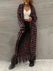 Plaid Tasseled Long Sleeves Loose Collarless Cardigan Tops