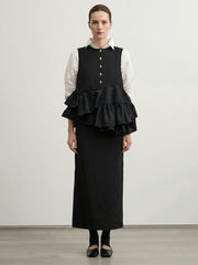 Asymmetric Buttoned Contrast Color Layered Ruffled Split-Joint Column Irregularity Lapel Shirt Dress Maxi Dresses