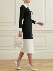 High Waisted Long Sleeves Buttoned Contrast Color Split-Front Split-Joint Lapel Midi Dresses