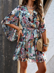 Flower Print Ruffle Trim Split-Joint Tied Waist Flared Sleeves Half Sleeves V-neck Mini Dresses