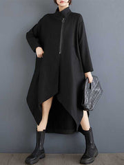 Pockets Solid Color Split-Joint Zipper High-low Long Sleeves Stand Collar Outerwear