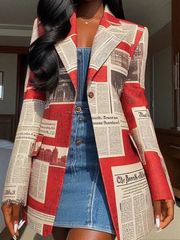 Buttoned Newspaper Print Pockets Split-Joint Long Sleeves Loose Notched Collar Outerwear Blazer