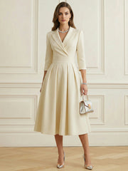 Big Hemline Pleated Solid Color Split-Joint A-Line Elasticated Waist Notched Collar Midi Dresses Blazer