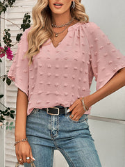 Jacquard Solid Color Half Sleeves Loose V-Neck T-Shirts Tops