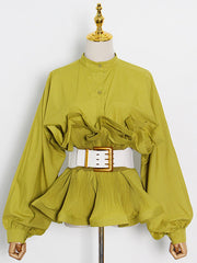 Stylish Loose Long Sleeves Buttoned Falbala Belted Solid Color Stand Collar Blouses&Shirts Tops