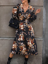 Flower Print Pleated Split-Joint Tied Waist Loose Puff Sleeves V-Neck Shirt Dress Midi Dresses