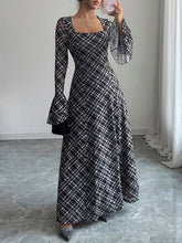 Contrast Color High-Waisted Plaid A-Line Flared Sleeves Square-Neck Maxi Dresses