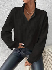 Waffle Check Zipper Long Sleeves Loose Lapel Sweatshirt Tops