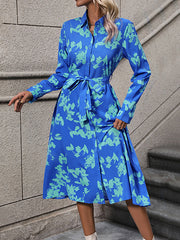 Printed Split-Joint Tied Waist Long Sleeves Loose Lapel Shirt Dress Midi Dresses