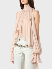 Elasticity Hollow Pleated Solid Color High-Low Long Sleeves Mock Neck Blouses&Shirts Tops