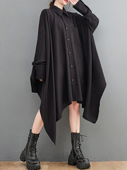 Asymmetric Buttoned Pockets Solid Color A-Line High-Low Lapel Shirt Dress Midi Dresses