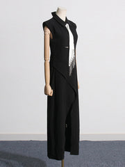 Asymmetric Hollow Rhine Stones Split-Front Split-Joint Tasseled High Waisted Sleeveless Lapel Midi Dresses