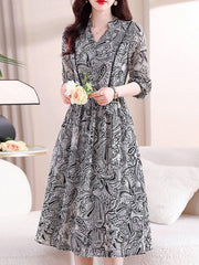 Elasticity Flower Print Tied Waist Long Sleeves Loose V-neck Midi Dresses
