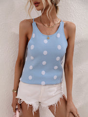 Hollow Polka-Dot High-Low Sleeveless Round-Neck Vest Top