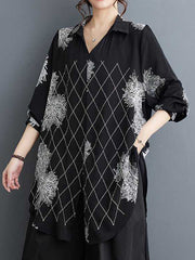 Buttoned Flower Print Pleated Split-front Long Sleeves Loose Lapel Blouses&shirts Tops