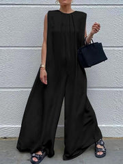 Solid Color Loose Sleeveless Round-Neck Wide Leg Jumpsuits