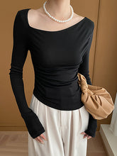 Solid Color Long Sleeves Skinny Asymmetric Collar T-Shirts Tops