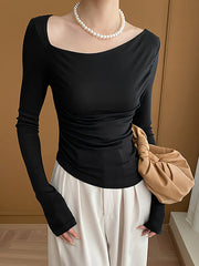 Solid Color Long Sleeves Skinny Asymmetric Collar T-Shirts Tops