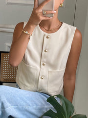 Buttoned Pockets Split-Joint Loose Sleeveless Round-Neck Vest Top