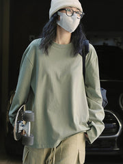Casual Long Sleeves Loose Solid Color Round-Neck T-Shirts Tops