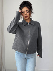 Solid Color Zipper Long Sleeves Loose Lapel Outerwear