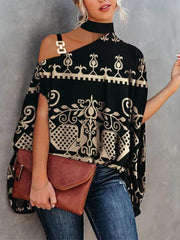 Asymmetric Chains Hollow Printed Batwing Sleeves Loose Asymmetric Collar T-Shirts Tops