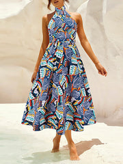 Pleated Printed Split-Joint A-Line Loose Halter-Neck Midi Dresses