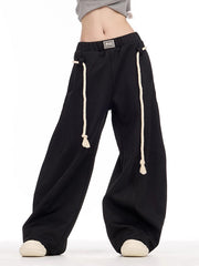 Drawstring Elasticity Pockets Solid Color High Waisted Loose Trousers Pants