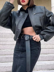 Quilted Solid Color Zipper Stand Collar PU Outerwear Jackets