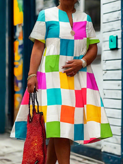 Contrast Color Plaid Pleated A-line Loose Deep V-Neck Shirt Dress Midi Dresses
