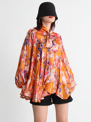 Loose Printed Puff Sleeves Pleated Stand Collar Blouses