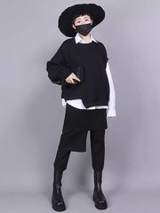 Loose Long Sleeves Asymmetric Buttoned Lapel Inner Shirts + Outer Sweatshirt Two Pieces Set