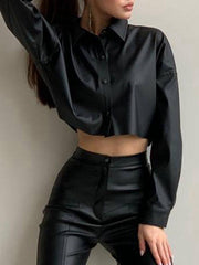 Buttoned Solid Color Long Sleeves Loose Lapel Blouses&Shirts Tops