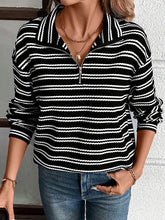 Contrast Color Striped Zipper Long Sleeves Loose Lapel Sweatshirt Tops