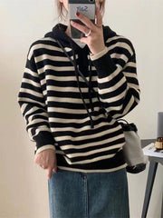 Contrast Color Drawstring Velvet Hooded Long Sleeves V-Neck Sweater Tops Pullovers