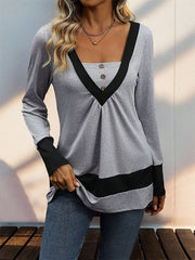 Buttoned Contrast Color Pleated Split-Joint Long Sleeves Loose V-Neck T-Shirts Tops